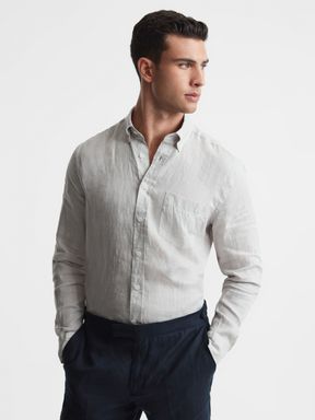 Stone Reiss Quick Slim Fit Full Sleeve Linen Button-Down Shirt