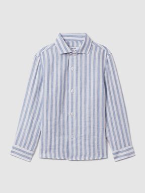Soft Blue Herringbone Stripe Reiss Ruban Linen Button-Through Striped Shirt