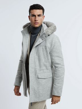 Grey Melange Atelier Wool Blend Removable Faux Fur Hooded Coat
