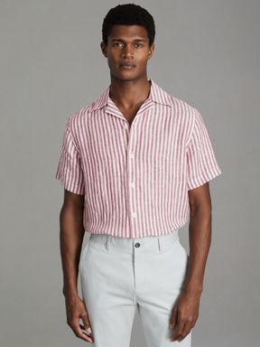 Pink Stripe Reiss Beldi Relaxed Linen Cuban Collar Shirt