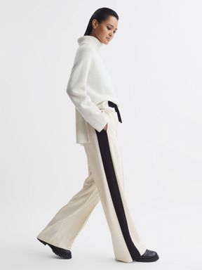 Cream Reiss May Wide Wide Leg Contrast Stripe Drawstring Trousers