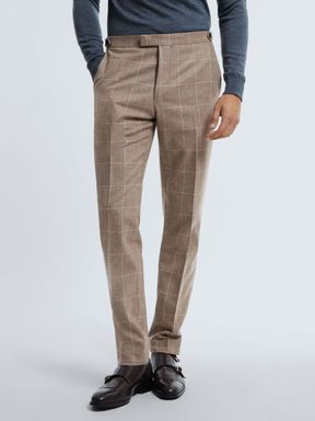 Oatmeal Reiss Alessio Italian Wool Cashmere Slim Fit Check Trousers
