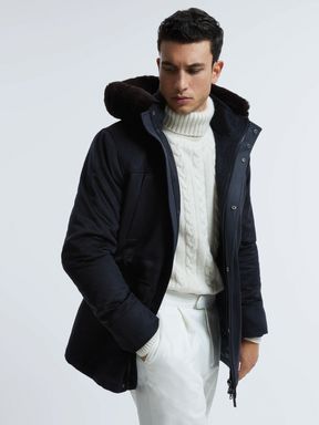 Navy Reiss Chianti Cashmere Removable Faux Fur Hooded Coat