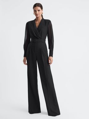 Black Reiss Flora Sheer Belted Double Breasted Jumpsuit