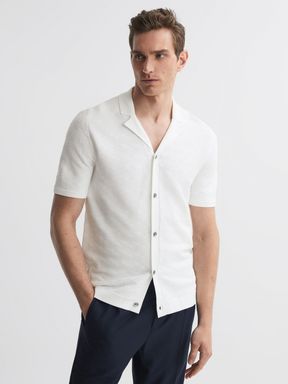 White Reiss Lunar Textured Cuban Collar Button-Through Shirt