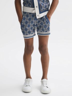 Blue Reiss Bloom Knitted Patterned Drawstring Shorts