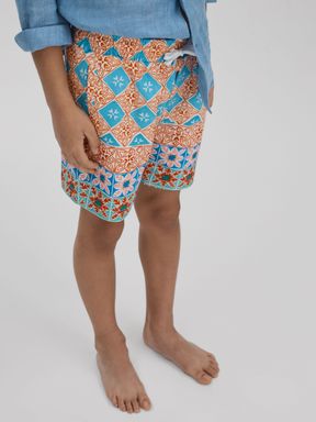 Orange Multi Reiss Arizona Floral Tile Print Drawstring Swim Shorts