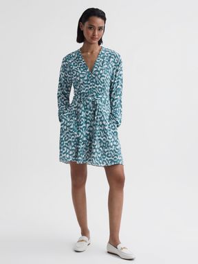 Teal/White Reiss Briella Belted V-Neck Long Sleeve Dress