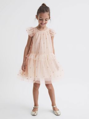 Pale Pink Reiss Fifi Tulle Embroidered Dress