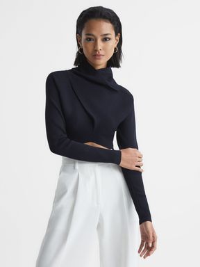 Navy Reiss Elsie High Neck Cropped Co Ord Top