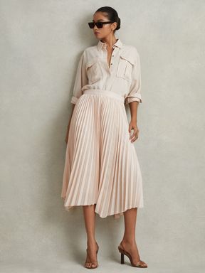 Blush Reiss Azalea Pleated Asymmetric Midi Skirt