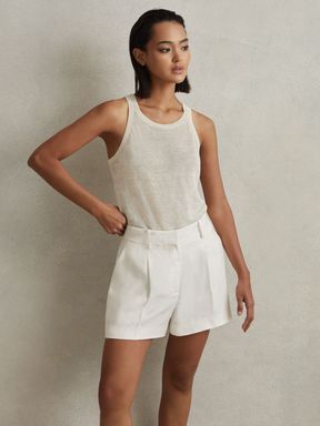 White Reiss Lori Viscose-Linen Front Pleat Suit Shorts
