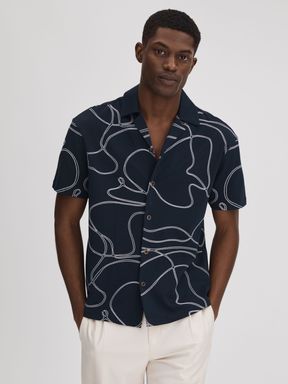 Navy Reiss Menton Cotton Jersey Embroidered Shirt