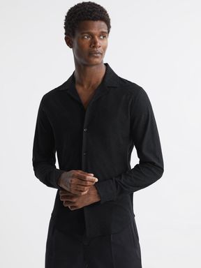Black Reiss Ledger Jacquard Cuban Collar Shirt