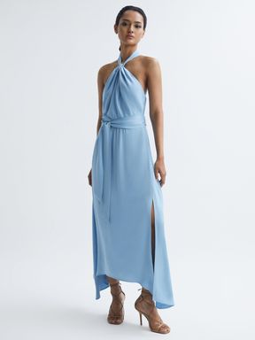 Blue Reiss Evelyn Fitted Halter Neck Midi Dress