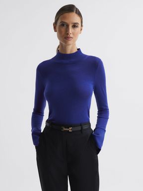 Blue Reiss Kylie Merino Wool Fitted Funnel Neck Top
