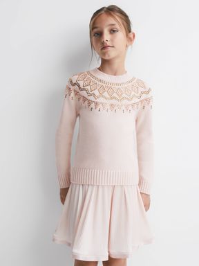 Soft Pink Reiss Bella Wool Blend Embellished Crew Neck Jumper