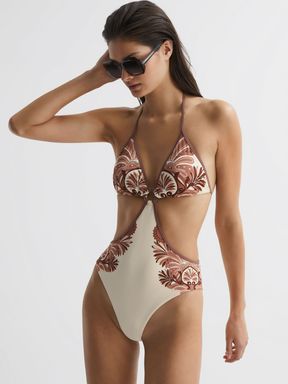 Tan Reiss Natalie Printed Cut-Out Halter Neck Swimsuit