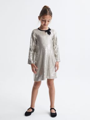 Silver Reiss Leon Sequin Bow Dress