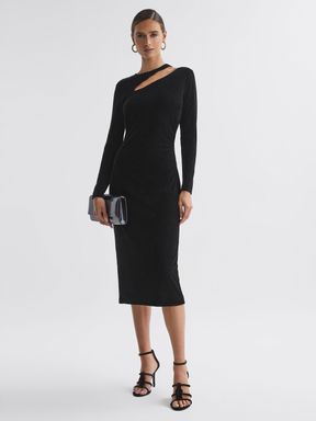 Black Reiss Macey Velvet Cut-Out Midi Dress