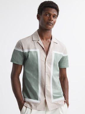 Sage Multi Reiss Noble Mercerised Colourblock Cuban Collar Shirt