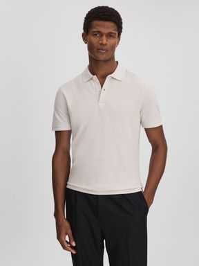 Ice Grey Reiss Peters Slim Fit Garment Dyed Embroidered Polo Shirt