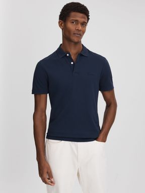 Airforce Blue Reiss Peters Slim Fit Garment Dyed Embroidered Polo Shirt