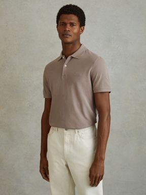 Dark Taupe Reiss Peters Slim Fit Garment Dyed Embroidered Polo Shirt