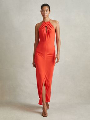 Orange Reiss Kia Jersey Halter Neck Midi Dress