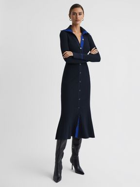 Navy/Blue Reiss Millie Knitted Ribbed Midi Dress