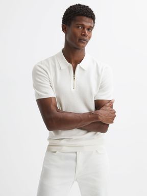 White Reiss Fizz Knitted Half-Zip Polo T-Shirt