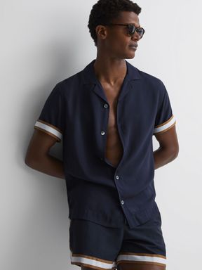 Navy/Tobacco Reiss Valbonne Reiss | Ché Contrast Cuff Cuban Collar Shirt