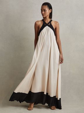 Neutral/Black Reiss Aubree Relaxed Colourblock Maxi Dress