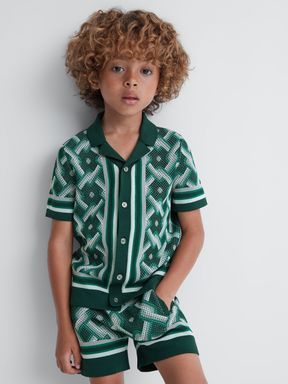 Green Multi Reiss Hyde Knitted Cuban Collar Button-Through Shirt
