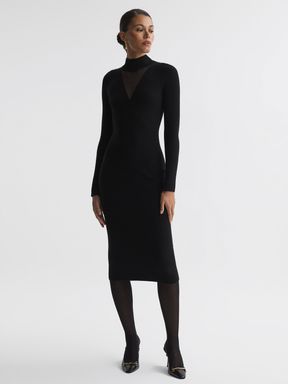 Black Reiss Sabrina Ribbed Mesh Panel Bodycon Midi Dress