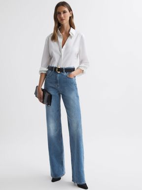 Mid Blue Reiss Marion Mid Rise Wide Leg Jeans