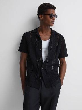 Black Reiss Palm Reiss | Ché Knitted Cuban Collar Button Through Shirt