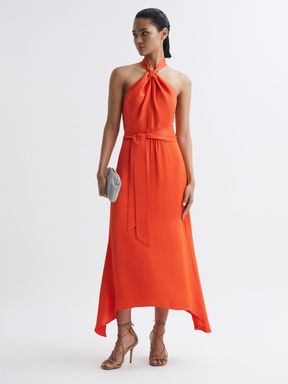 Orange Reiss Evelyn Fitted Halter Neck Midi Dress