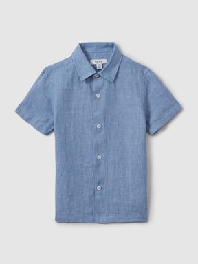 Sky Blue Reiss Holiday Short Sleeve Linen Shirt