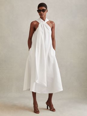White Reiss Cosette Linen Blend Drape Midi Dress