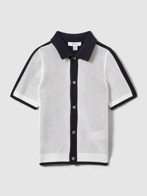 Navy/Optic White Reiss Misto Cotton Blend Open Stitch Shirt