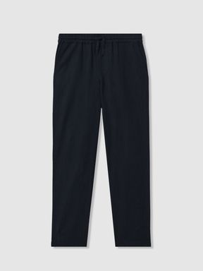 Navy Reiss Wilfred Linen Drawstring Tapered Trousers