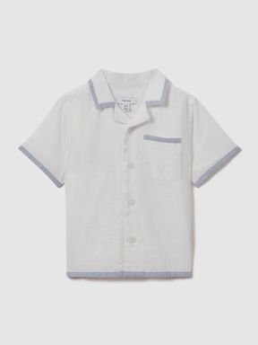 White/Soft Blue Reiss Vitan Linen Contrast Cuban Collar Shirt