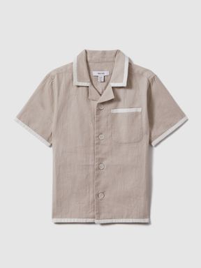 Stone/White Reiss Vitan Linen Contrast Cuban Collar Shirt