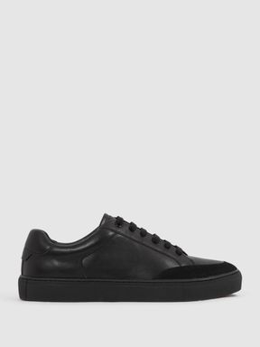 All Black Reiss Ashley Leather Low Top Trainers
