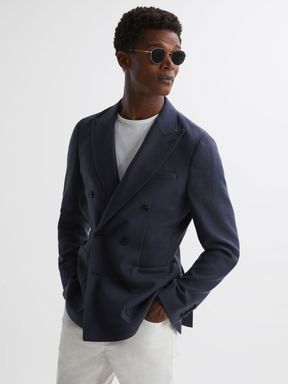 Airforce Blue Reiss Admire Double Breasted Weave Blazer