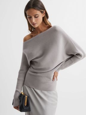 Grey Reiss Lorna Asymmetric Drape Knitted Top