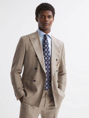 Oatmeal Reiss Abbey Slim Fit Double Breasted Checked Blazer