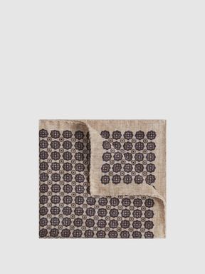 Oatmeal Melange/Navy Reiss Sassari Cotton-Wool Medallion Print Pocket Square