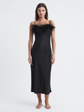 Black Sleeper Feather Midi Slip Dress